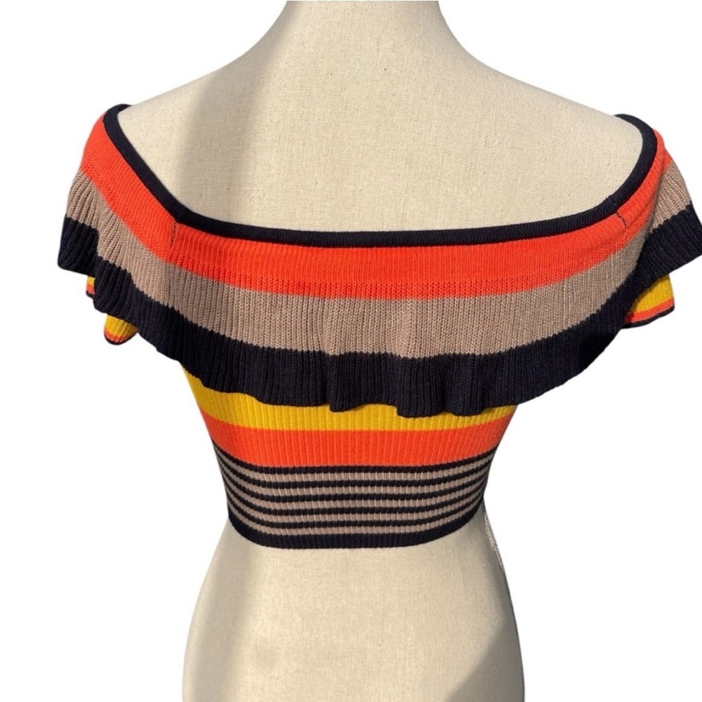Kimchi Blue Riley Stiped Ruffle Off Shoulder Crop Sweater Top (M) - Picture 7 of 11